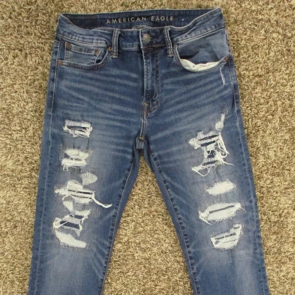 American Eagle Jeans Men's 31x30 Dark Wash Slim‎ Straight Airflex Distress Denim - Picture 3 of 9